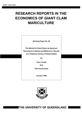 Research Reports in the Economics of Giant Clam