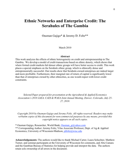 Ethnic Networks and Enterprise Credit: the Serahules of the Gambia