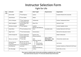 Instructor Selection Form Fight for Life