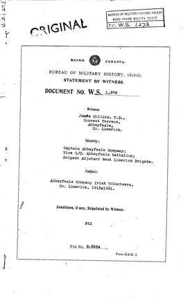 ORIGINAL BUREAUOFMILITARYHISTORY1913-21 BUROSTAIREMILEATA1913-21 No. W.S. 1,272 ROINN COSANTA. BUREAU of MILITARY HISTORY, 1913