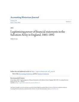 Legitimizing Power of Financial Statements in the Salvation Army in England, 1865-1892 Helen Irvine