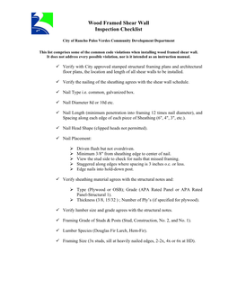 Wood Framed Shear Wall Inspection Checklist