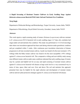 A Rapid Screening of Resistant Tomato Cultivars in Early Seedling Stage Against Ralstonia Solanacearum Bacterial Wilt Under Soil and Nutrients Free Conditions