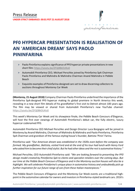 Pf0 Hypercar Presentation Is Realisation of an ‘American Dream’ Says Paolo Pininfarina