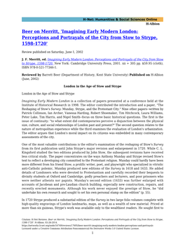 Beer on Merritt, 'Imagining Early Modern London: Perceptions and Portrayals of the City from Stow to Strype, 1598-1720'