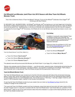 Hot Wheels® and Monster Jam® Roar Into 2012 Season with New Team Hot Wheels Monster Truck