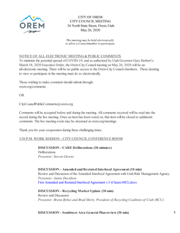 CITY of OREM CITY COUNCIL MEETING 56 North State Street, Orem, Utah May 26, 2020