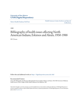 Bibliography of Health Issues Affecting North American Indians, Eskimos and Aleuts, 1950-1988 MV Owens