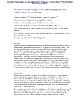 Rhopalocnemis Phalloides Has One of the Most Reduced and Mutated Plastid Genomes Known