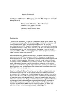 Strategies and Influence of Emerging National Oil Companies on World Energy Markets”