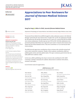 Appreciations to Peer Reviewers for Journal of Korean Medical Science 2017