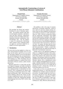 Automatically Constructing a Lexicon of Verb Phrase Idiomatic Combinations