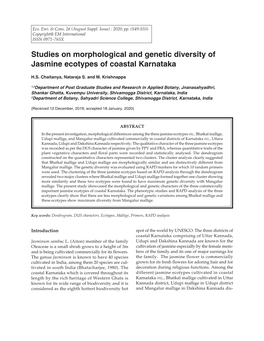 Studies on Morphological and Genetic Diversity of Jasmine Ecotypes of Coastal Karnataka