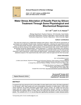 Water Stress Alleviation of Roselle Plant by Silicon Treatment Through Some Physiological and Biochemical Responses