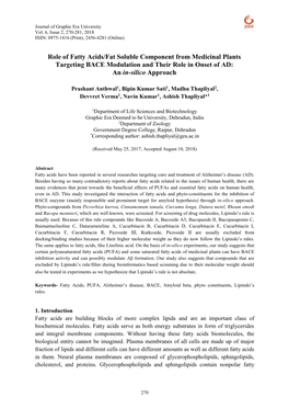 Role of Fatty Acids/Fat Soluble Component from Medicinal Plants Targeting BACE Modulation and Their Role in Onset of AD: an In-Silico Approach