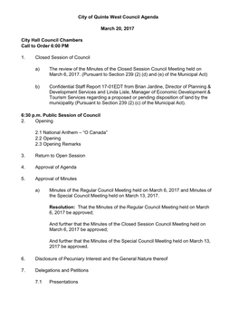 City of Quinte West Council Agenda March 20, 2017 City Hall Council