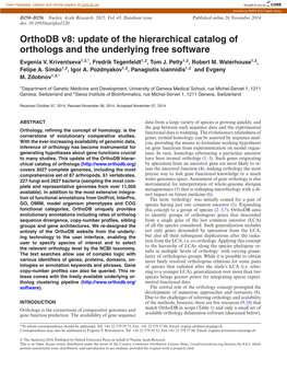 Orthodb V8: Update of the Hierarchical Catalog of Orthologs and the Underlying Free Software Evgenia V