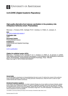 High-Quality Alternative Food Reduces Cannibalism in the Predatory Mite Amblyseius Herbicolus (Acari: Phytoseiidae)