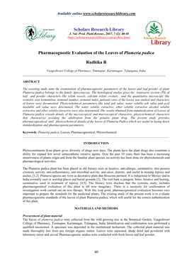 Pharmacognostic Evaluation of the Leaves of Plumeria Pudica