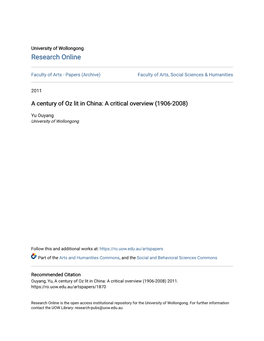 A Century of Oz Lit in China: a Critical Overview (1906-2008)