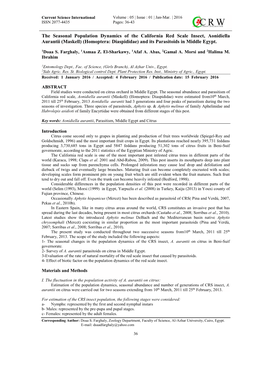 The Seasonal Population Dynamics of the California Red Scale Insect, Aonidiella Aurantii (Maskell) (Homoptera: Diaspididae) and Its Parasitoids in Middle Egypt