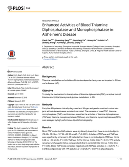 Enhanced Activities of Blood Thiamine Diphosphatase and Monophosphatase in Alzheimer’S Disease