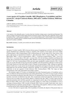 A New Species of Corydalus Latreille, 1802 (Megaloptera, Corydalidae) and First Record of C. Clavijoi Contreras-Ramos, 2002 and C