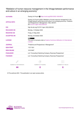 “Mediation of Human Resource Management in the Linkage Between Performance and Culture in an Emerging Economy”