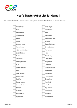 Host's Master Artist List for Game 1