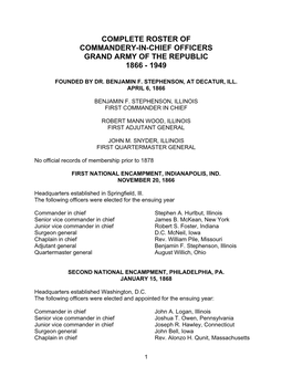 Complete Roster of Commandery-In-Chief Officers Grand Army of the Republic 1866 - 1949