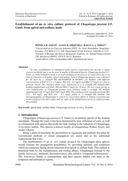 Establishment of an in Vitro Culture Protocol of Chuquiraga Jussieui J.F. Gmel