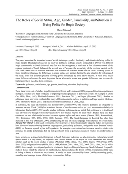 The Roles of Social Status, Age, Gender, Familiarity, and Situation in Being Polite for Bugis Society