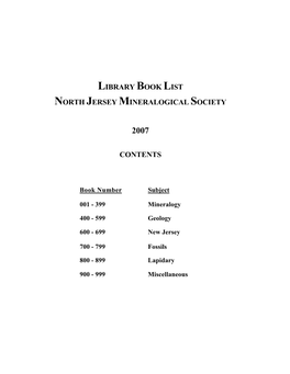 Library Book List North Jersey Mineralogical Society