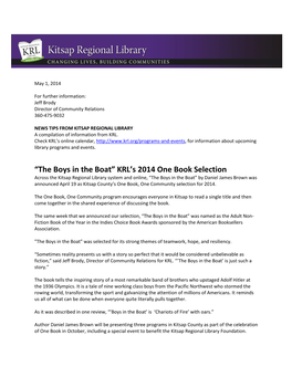 “The Boys in the Boat” KRL's 2014 One Book Selection