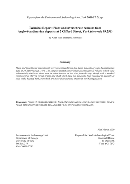 Plant and Invertebrate Remains from Anglo-Scandinavian Deposits at 2 Clifford Street, York (Site Code 99.256)