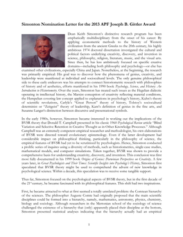 Simonton Nomination Letter for the 2013 APF Joseph B. Gittler Award