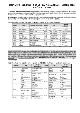 Zbiranje Kosovnih Odpadkov Po Naseljih - Jesen 2020 Ob Čina Tolmin