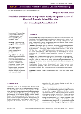 IJBCP International Journal of Basic & Clinical Pharmacology Preclinical Evaluation of Antidepressant Activity of Aqueous