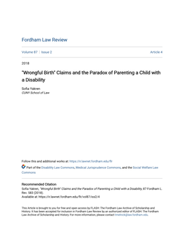 Wrongful Birth" Claims and the Paradox of Parenting a Child with a Disability
