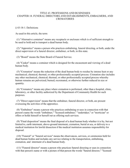 Title 43. Professions and Businesses Chapter 18. Funeral Directors and Establishments, Embalmers, and Crematories § 43-18-1. D