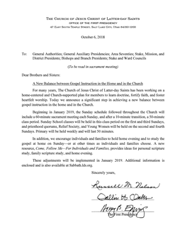 First Presidency Letter Dated October 6, 2018