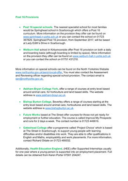 Post 16 Provisions • Post 16 Special Schools. the Nearest Specialist