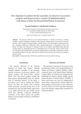 Cephalochordata], with Notes on Their Northward Distribution Extensions