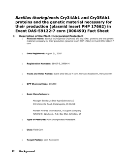 Biopesticides Fact Sheet for Bacillus Thuringiensis Cry34ab1 And