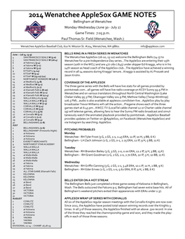 2014 Wenatchee Applesox GAME NOTES Bellingham at Wenatchee Monday-Wednesday (June 30 - July 2) Game Times: 7:05 P.M