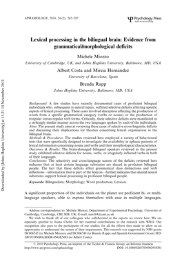 Lexical Processing in the Bilingual Brain: Evidence from Grammatical/Morphological Deficits