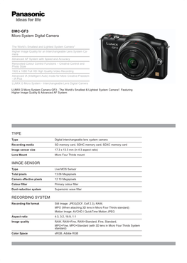 DMC-GF3 Micro System Digital Camera