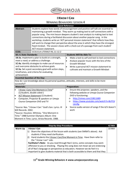 LESSON 4 Quick Reference Abstract: Students Explore How Words of Encouragement and Positive Self Talk Are Essential to Maintaining a Growth Mindset