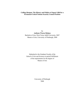 Calling Shotgun: the History and Politics of Japan’S Bid for a Permanent United Nations Security Council Position