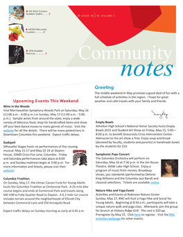 Community Notes Greeting the Middle Weekend in May Promises a Good Deal of Fun with a Full Schedule of Activities in the Region